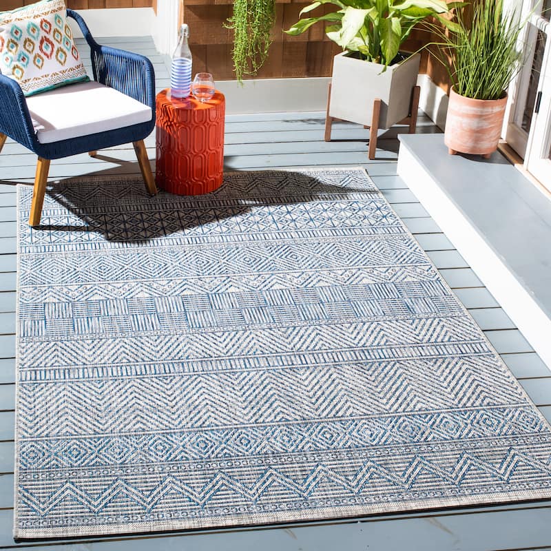 SAFAVIEH Courtyard Rozenn Indoor/ Outdoor Waterproof Patio Backyard Rug - 4' x 5'7" - Grey/Navy
