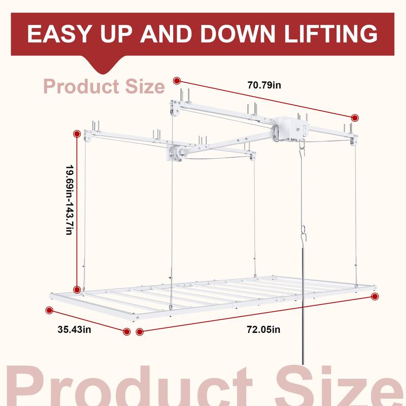 Roomfitters Overhead Garage Storage Rack 3x6 FT, Crank Down Ceiling Organizer for 10-12 FT Garages, 270lb Lift, White