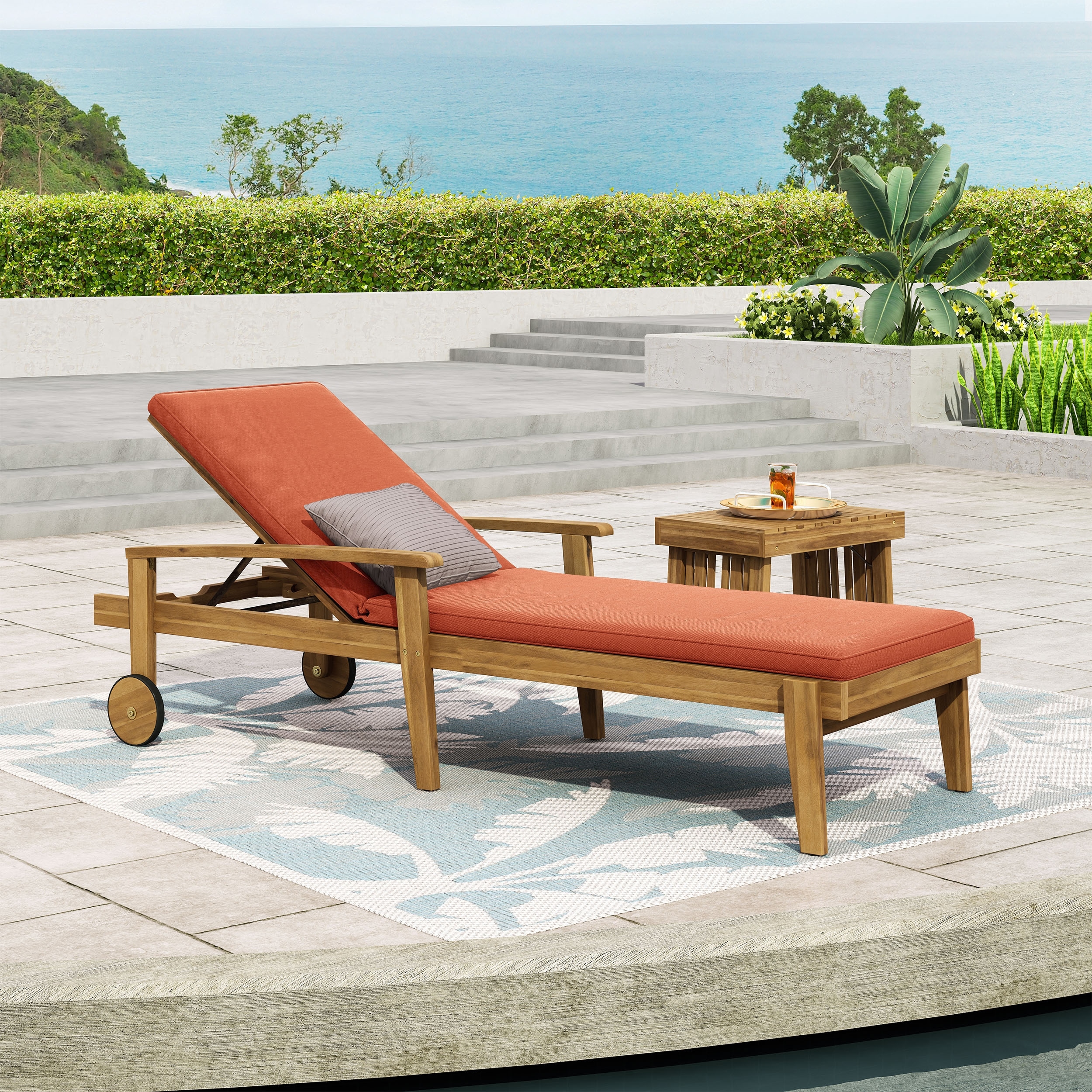 Roomfitters Jason Acacia Wood Outdoor Chaise Lounge with Cushion, Adjustable Recline