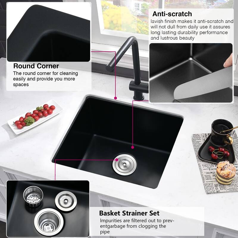 PROOX 18" L X 16" W Bar Sink Undermount Quartz Kitchen Sink With Basket Strainer