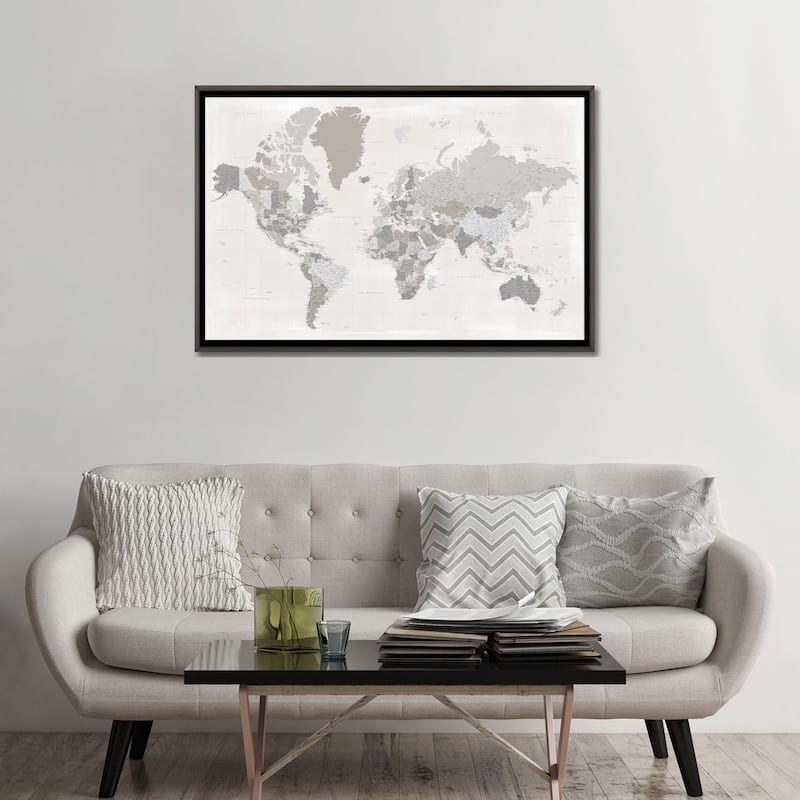iCanvas "Highly Detailed World Map In Taupe, Donah" by blursbyai Framed