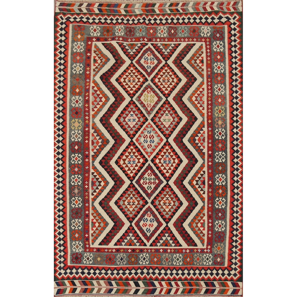 Kilim Qashqai Persian Vintage Rug Vegetable Dye Wool Carpet - 5'3"x 7'8"