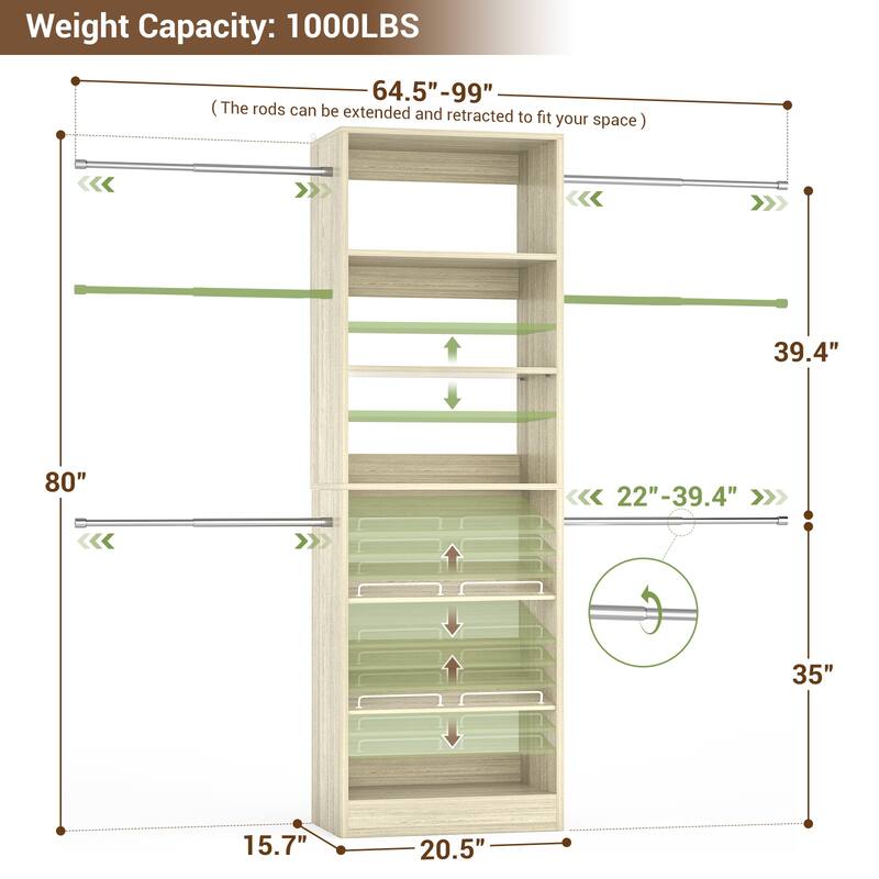 Cimly Closet Oragnizer System with Adjustable Hanging Rods, Shoe Rack, and Storage Shelves