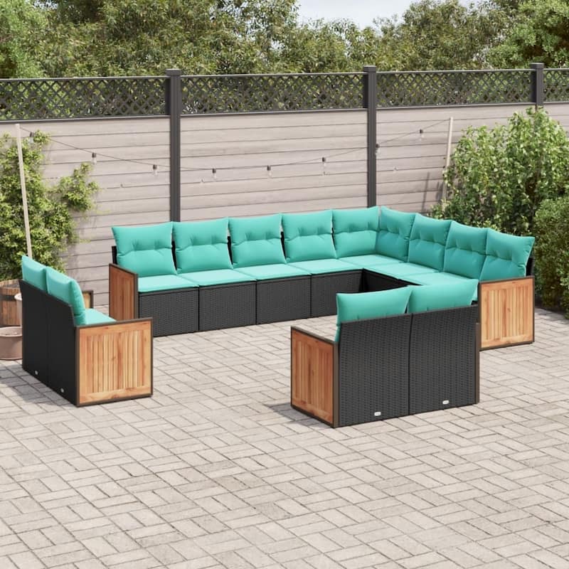 vidaXL 12/13 Piece Patio Sofa Set with Cushions Black/Gray Poly Rattan - 21.7 x 24.4 x 27.2 - Black Without table