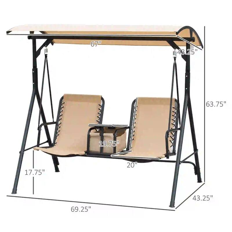 2-Seater Porch Swing with Pivot Table, Cup Holder, Adjustable Canopy