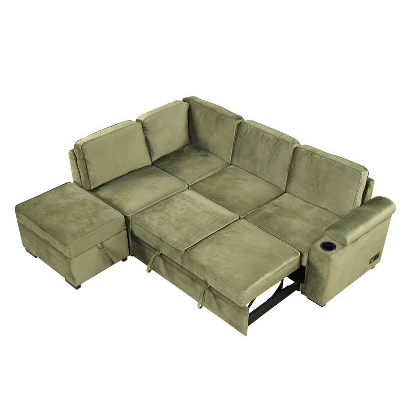 Linen 2 in 1 Pull Out sofa bed L-Shape Couch with Storage Ottoman and Cup Holder Sleeper Sofa Bed with Backrest and Pillows