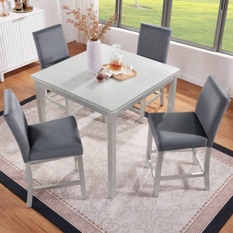 5-Piece, Modern Counter Height Table Set with 1 Square Table, 4 Upholstered Chairs and Crystal Accents, for Dining Rooms - Grey