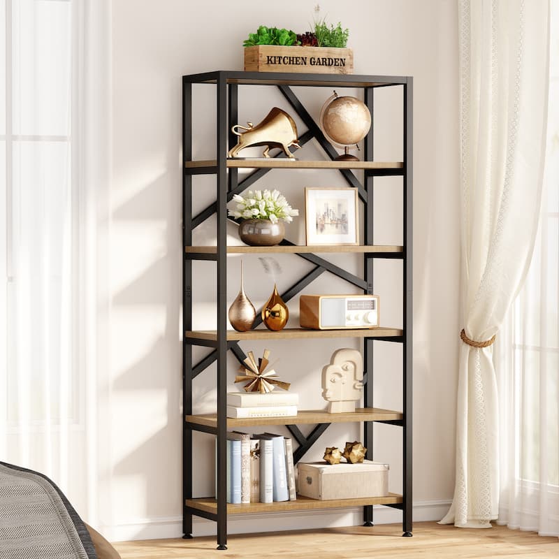71" Industrial Bookshelf, 6 Tier Rustic Brown Wood Etagere Bookcase, Open Book Shelves - Light Brown
