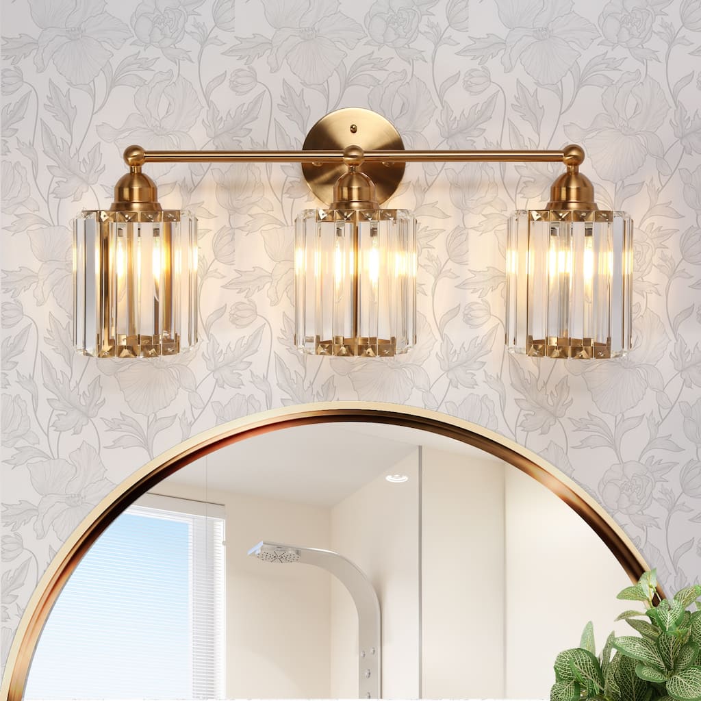 Modern Glam Crystal 3-Light Gold Bathroom Vanity Lights Dimmable Plating Brass Wall Sconce