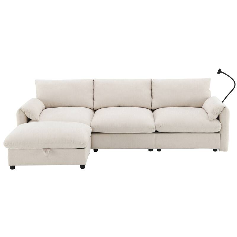 L Shaped Chenille Sectional Sofa with Storage Ottoman, Pockets, USB