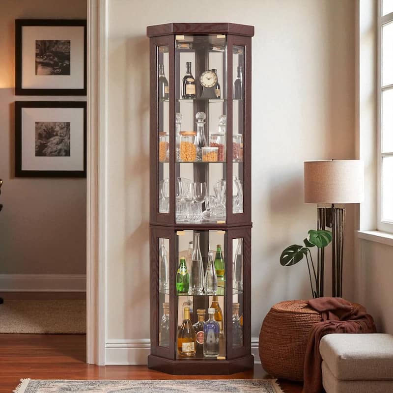 Lighted Corner Curio Cabinet with Glass Doors, Adjustable Shelves & Mirrored Back, Elegant Display Case for Collectibles - Cherry