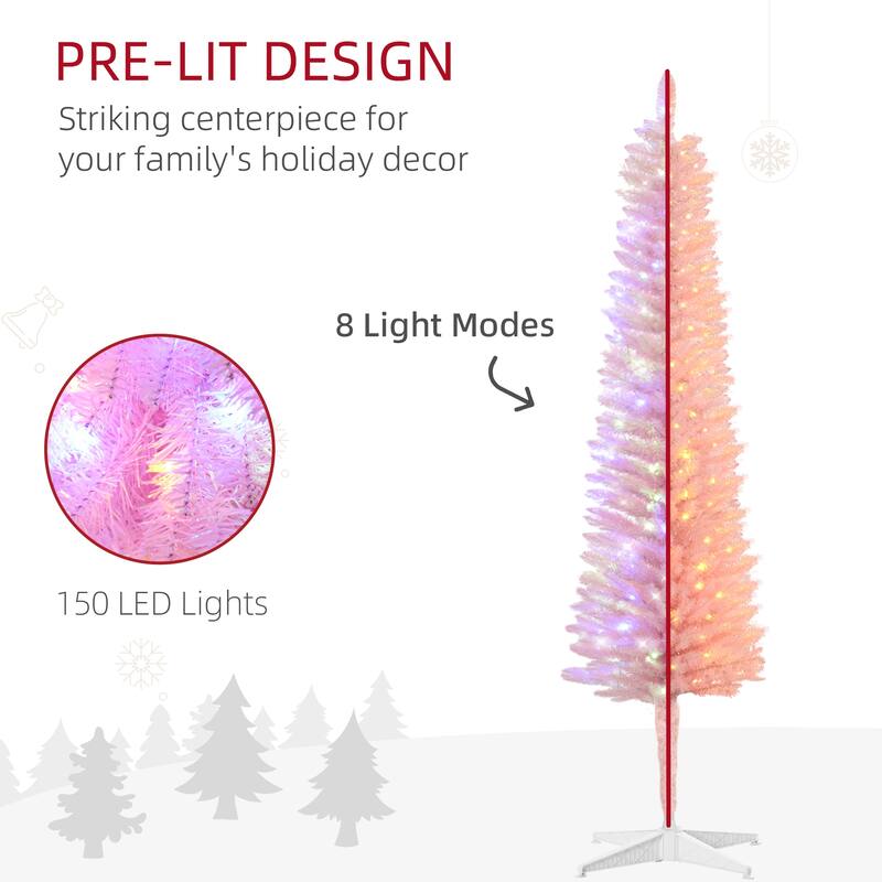 HOMCOM Pre-Lit Pencil Christmas Tree - Colorful Surface Branches, LED Lights, Pink