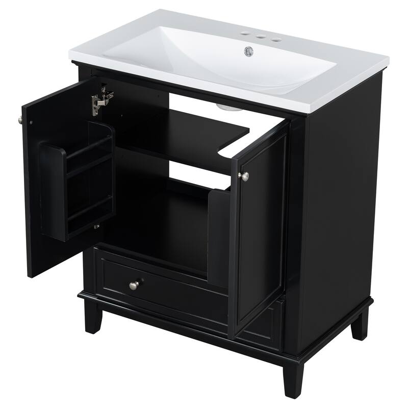 Bathroom Vanity with Ceramic Sink, Solid Wood & MDF Base, 1 Drawer & 2 Doors, Adjustable Shelf - 30in L Solid Wood+MDF