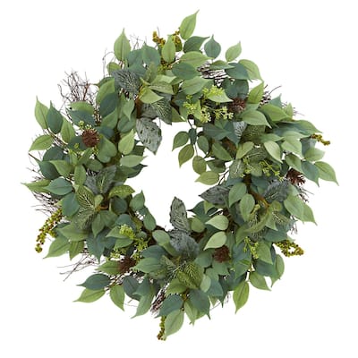 Nearly Natural 23" Mix Royal Ruscus, Fittonia and Berries Artificial Wreath