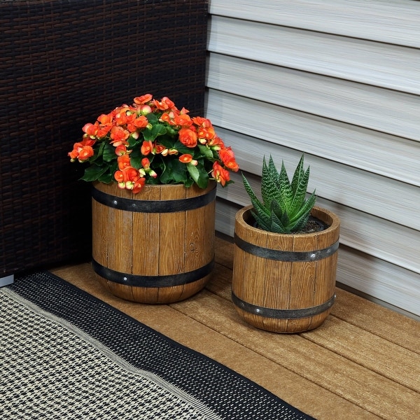 Sunnydaze 2-Piece Fiber Clay Classic Barrel Planter - 9-Inch and 12-Inch Pots - (1) 9" & (1) 12"