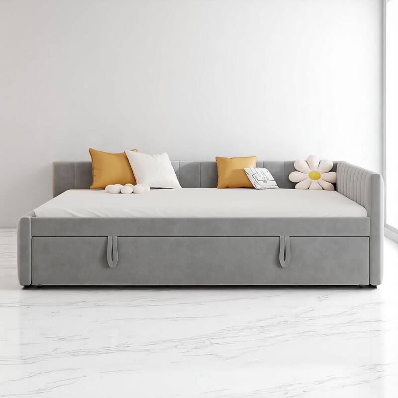 Stylish Full Size Daybed with Pull-Out Twin Trundle, L-Shaped Backrest, and No Box Spring Required