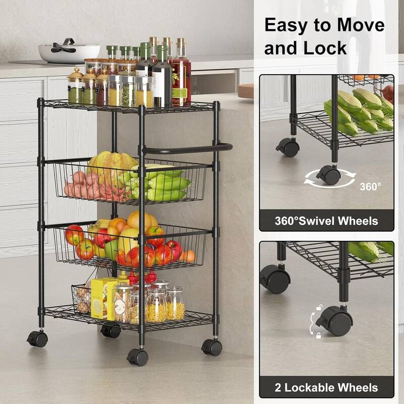 4-Tier Rolling Utility Cart with Removable Shelves for Kitchen, Restaurant - N/A