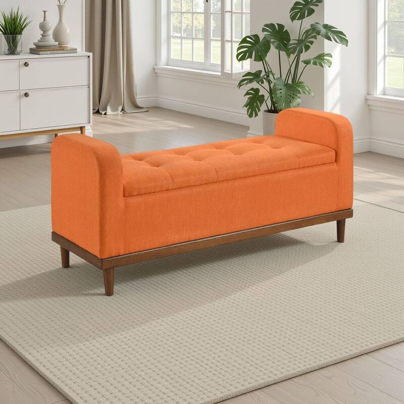 Bity Lift Top Storage Bench, Orange Textured Fabric, Wood Base 50 Inch
