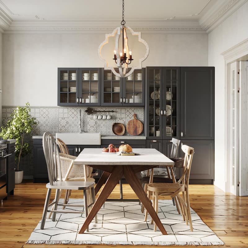 Farmhouse 4-Light Wood Lantern Chandelier Rustic Kitchen Island Light - D21.5" x H24