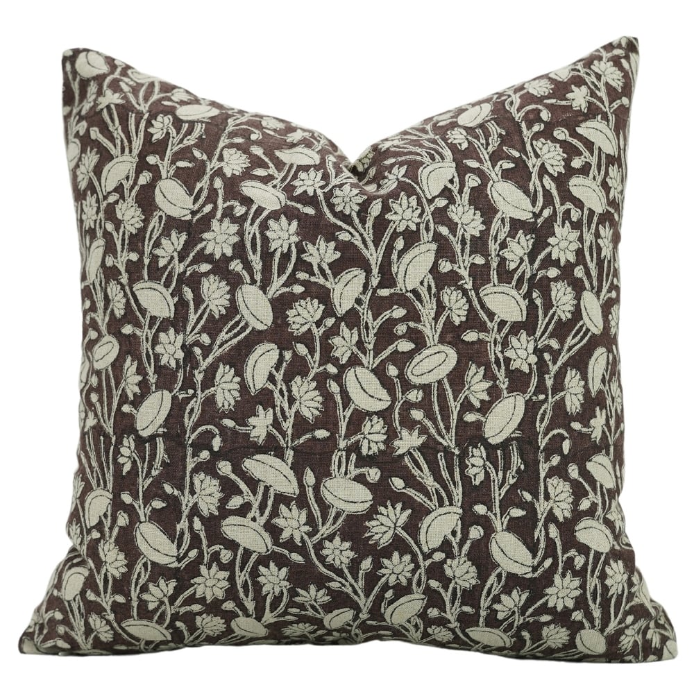 Fabdivine Block Print 12x20 Inch Pillow Cover Pure Linen Floral Farmhouse Decor Accent for Brown Soft, Cushion Case, Kanak Buti