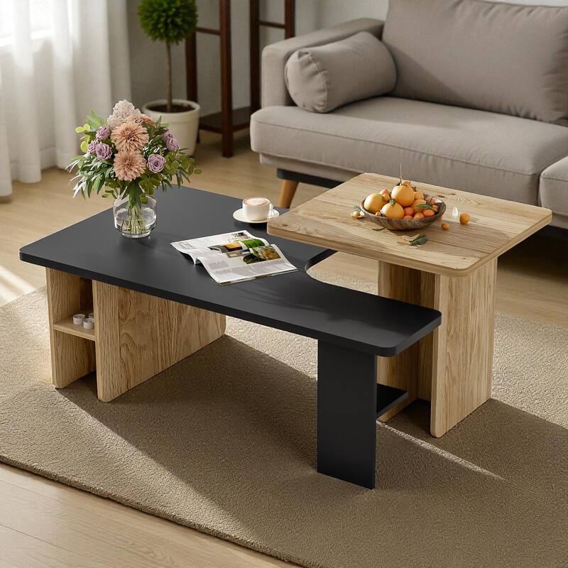 Set of 2 Farmhouse Nesting Coffee Tables, Rectangular Wood Finish Living Room Table Set, Small Sofa Side Tables - Black