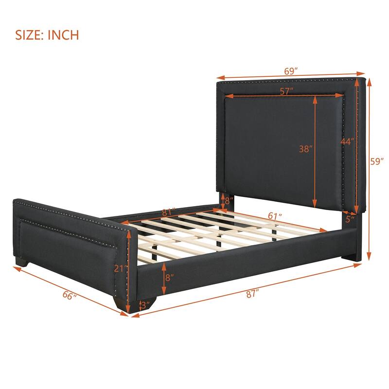 Queen Size Upholstered Bed, Upholstered Bed with Wooden Slats Support