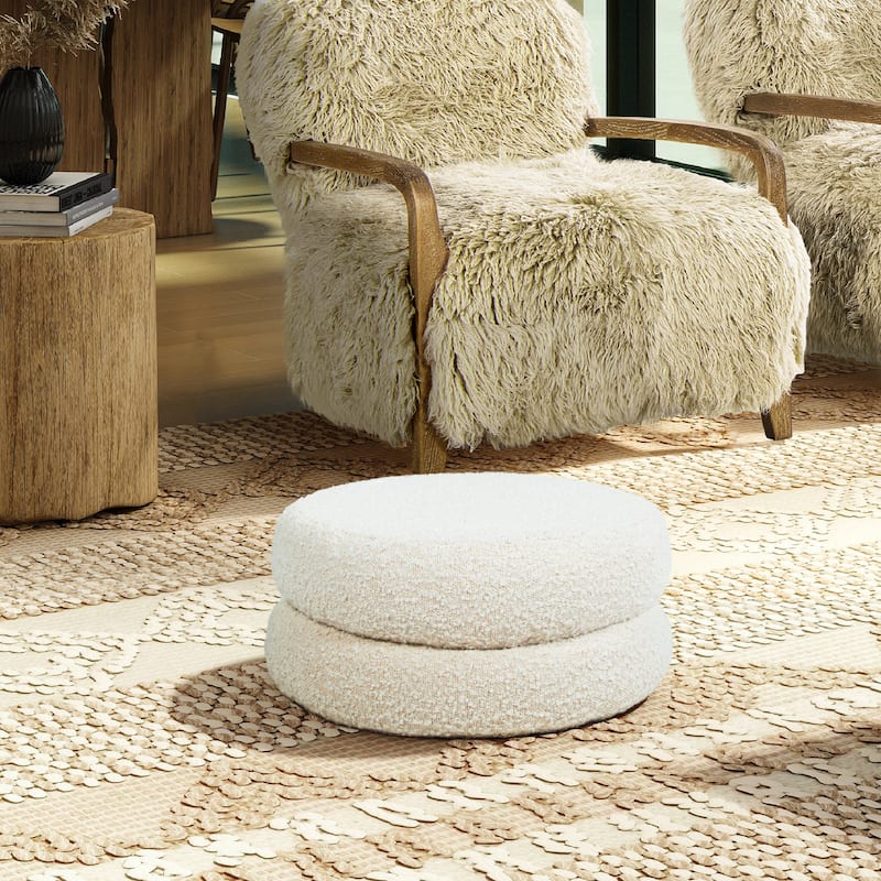 18.5" Floor Cushion Footrest Upholstered Ottoman, Ivory White Boucle - White