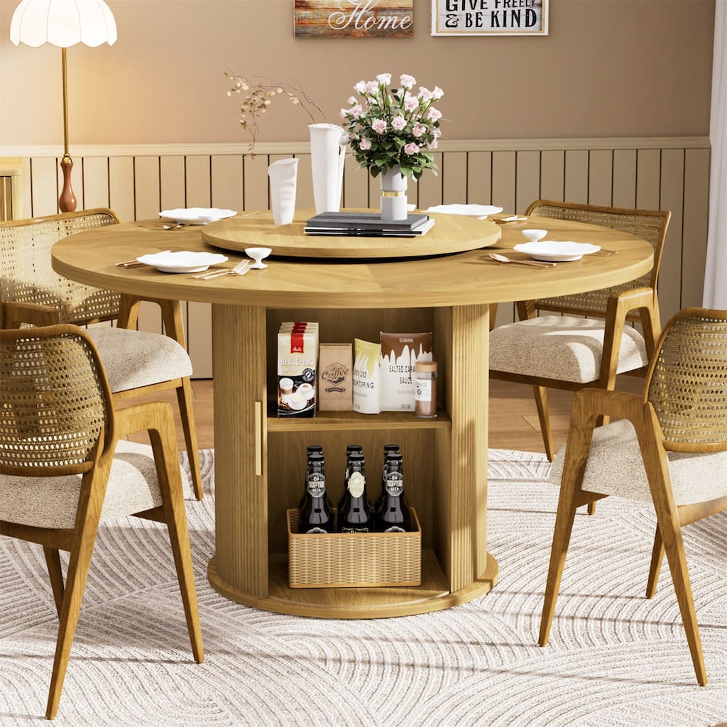 55" Round Wooden Dining Table with Rotating Tray