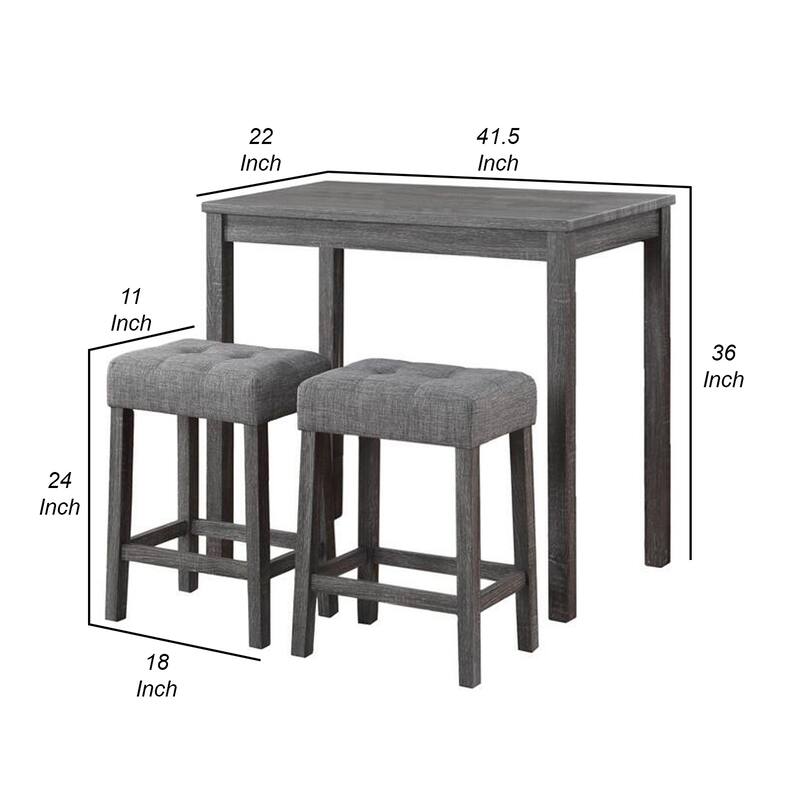 Cora 3 Piece Counter Height Table Set, Deep Tufted Stools, Smooth Gray