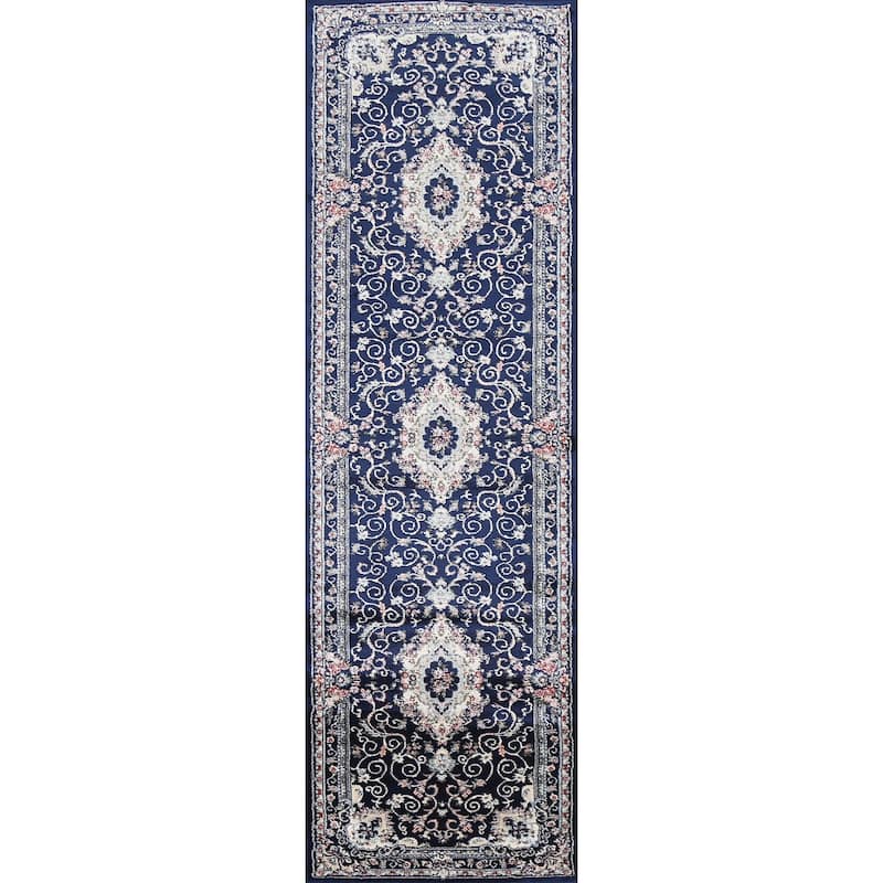 Blue Floral Medallion Transitional Turkish Rug Oriental Carpet - 2'7" x 9'10" - Navy Blue