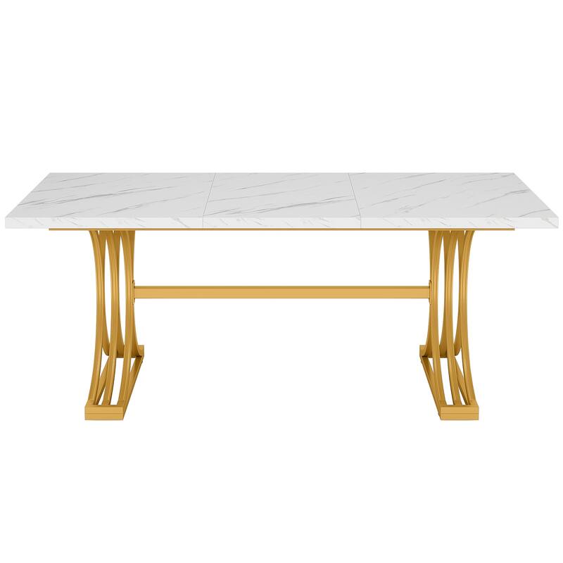 63" Modern Executive Desk, Large Office Computer Desk with Stylish Gold X-Legs, Faux Marble Top Workstation