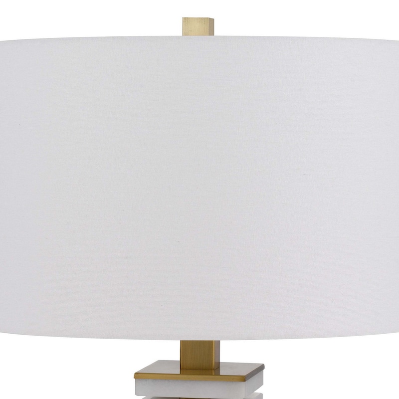 28 Inch Table Lamp, White Drum Hardback, Marble and Antique Brass Finish