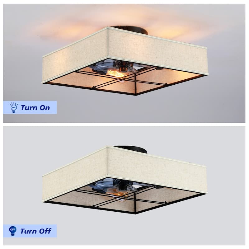 16.6" Square Fabric Farmhouse Flush Mount Ceiling Fan
