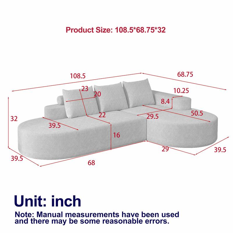 L Shaped Modular Curved Sectional Sofa, Chenille Upholstered 3 Seat Sofa, Corner Sofa with 3 Pillows for Living Room, Bedroom - Grey
