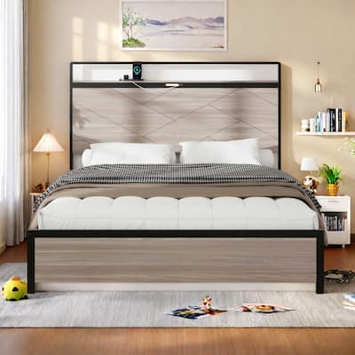 Full Size Platform Bed with Built-In LED Lights with USB/Type-C Charging Station, Ample Under-Bed Storage Space