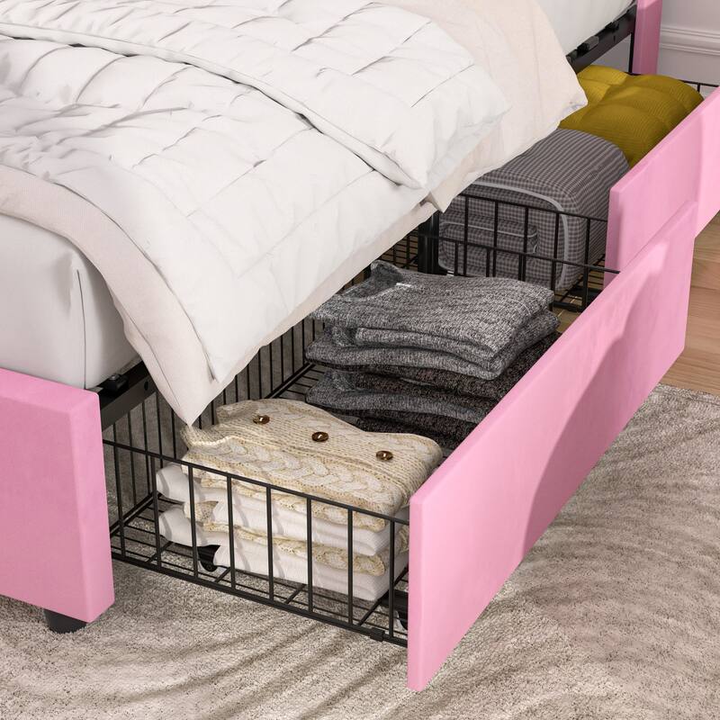 Javlergo Upholstered Bed with Tufted Headboard Bed Frames with Storage Drawers Princess Platform Bed with Wooden Slats Support