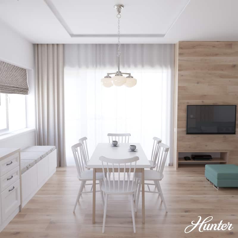 Hunter Saddle Creek Contemporary Schoolhouse Chandelier - Clear or White Glass Globes - Entry, Dining Room, Kitchen Table