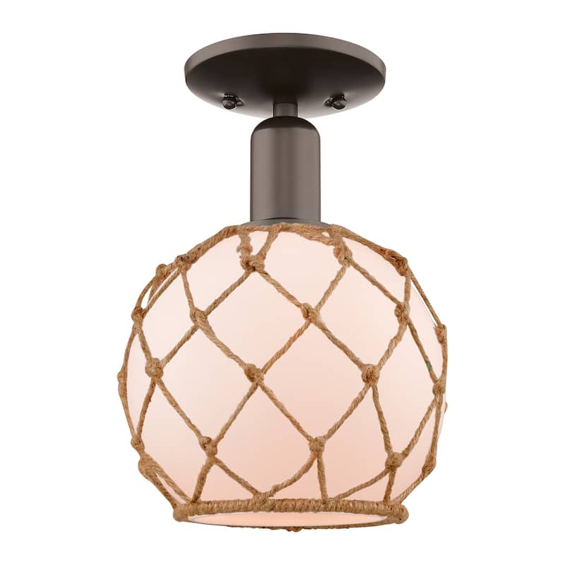 Innovations Lighting 716-1C-12-8 Farmhouse Rope Semi-Flush Farmhouse - Oil Rubbed Bronze / White Glass with Brown Rope