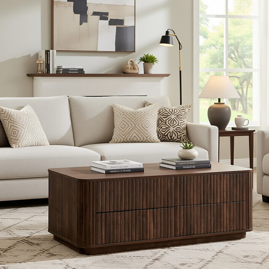 Fluted Coffee Table w/ 4 Drawers, Modern Center Table for Living Room
