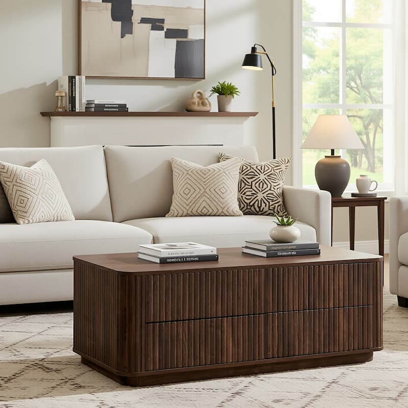 Fluted Coffee Table w/ 4 Drawers, Modern Center Table for Living Room - Walnut