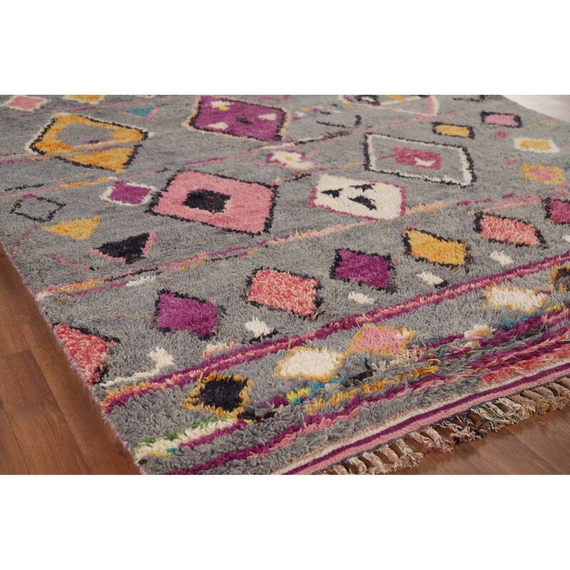Grey Geometric Plush Moroccan Oriental Rug Hand-Knotted Wool Carpet - 6'1" x 9'5"