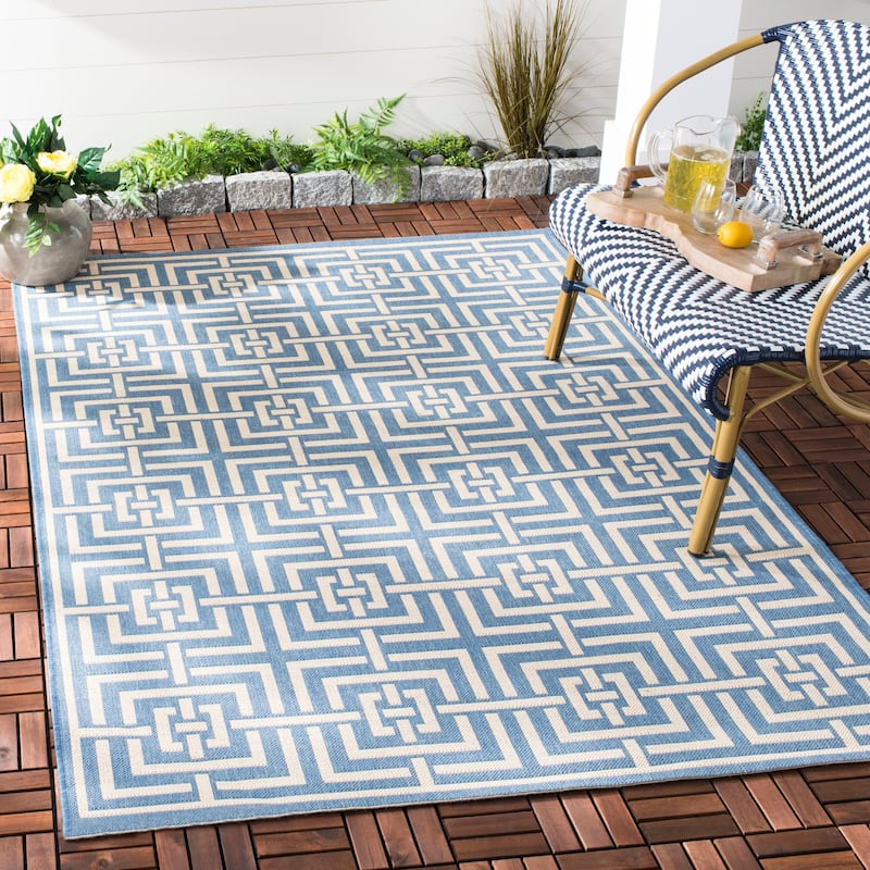 SAFAVIEH Beach House Eliverta Indoor/ Outdoor Waterproof Patio Backyard Rug - 8' x 10' - Blue/Creme