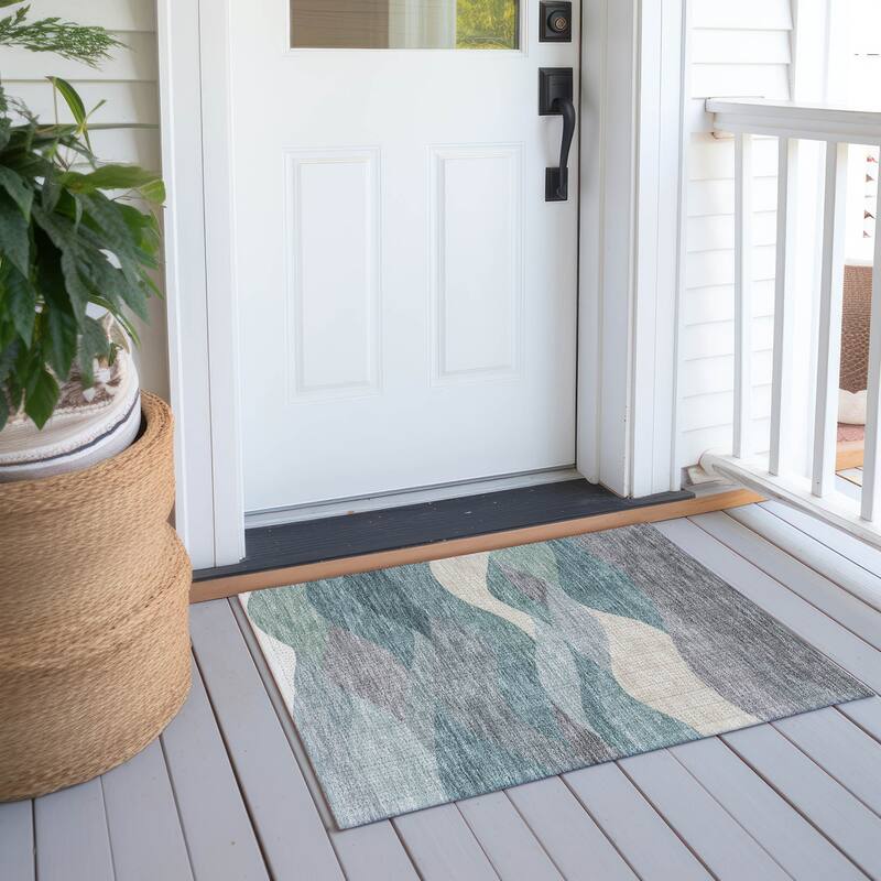 Machine Washable Indoor/ Outdoor Modern Horizon Chantille Rug - Teal - 1'8" x 2'6"