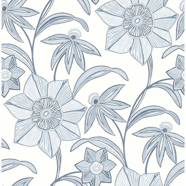 slide 2 of 7, A-Street Prints Star Flower Blue Floral Trail Wallpaper