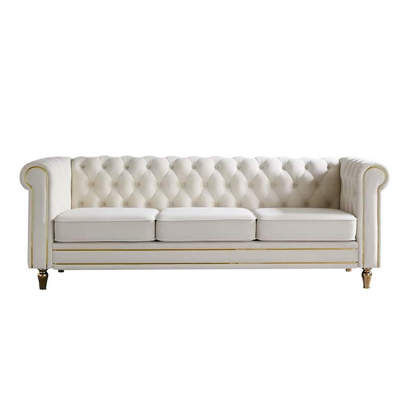 84.65" Chesterfield Velvet 3-Seater Sofa - Beige