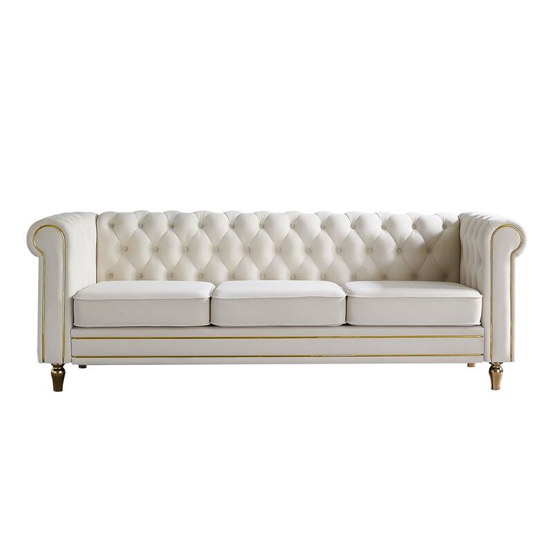 Chesterfield Velvet Sofa with Golden Decorative Strip for Living Room - Beige