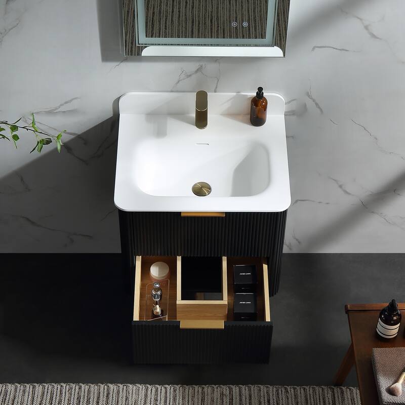 Modland Fluted Floating Vanity with Sink, Plywood Wall Mount Cabinet, Curved Edge, 24/30/36 Inch