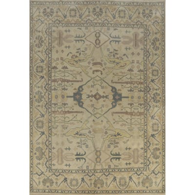 Earth Tone Oushak Style Area Rug Handmade Beige Floral Wool Carpet - 7'9" x 9'10"