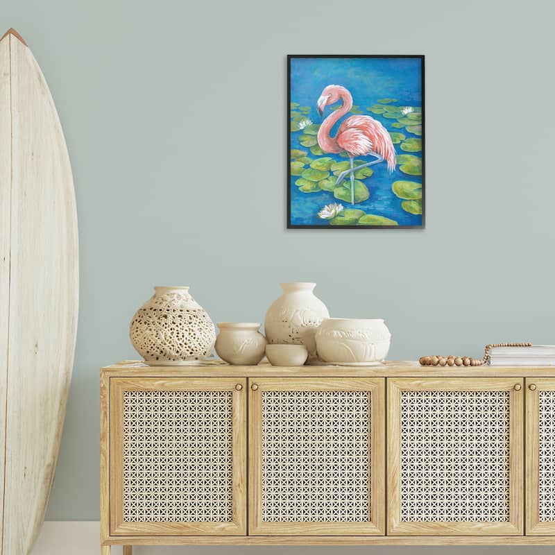 Stupell Balancing Flamingo & Lily Pads Framed Giclee Art Design By Diane Kater