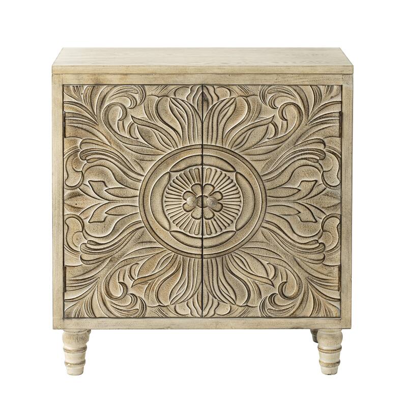COZAYH Farmhouse Storage Cabinet with Craft Flower Motif Front, Distressed Boho Buffet Cabinet, French Country, Weathered White